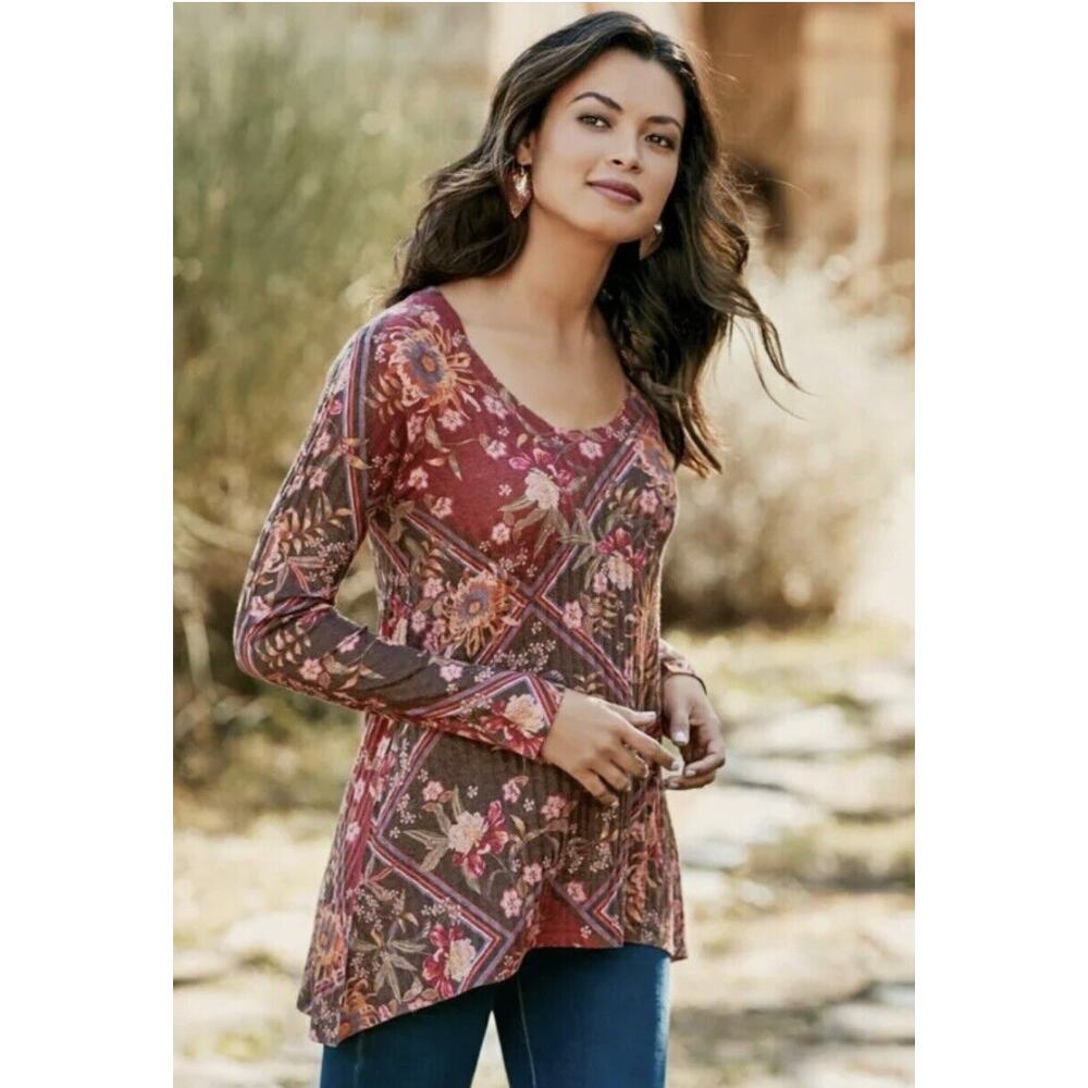 Soft Surroundings Womens Alisanna Tunic Top Medium Red Boho Floral Long Sleeve